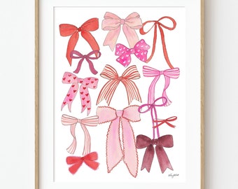 Pink and Red Bows Wall Art, Valentines Day Print, Valentines Decor, Watercolor Bow Art, Coquette Bow