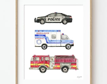 Emergency Vehicle Watercolor Art Print – Police Car, Ambulance, Fire Truck Wall Art for Kids Rooms, Transportation Decor, Boy Room Decor