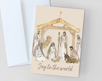 CHRISTMAS CARDS, Joy to the World Christmas Greeting Card, Merry Christmas Christian Stationery, Nativity Scene Religious Christmas Card