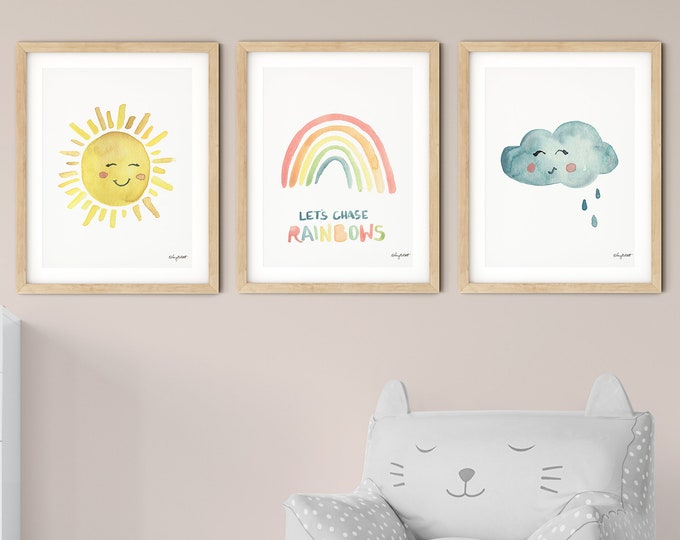 Set of 3 Sun Rainbow Cloud Prints, Rainbow Print, Girls Rainbow Wall Art, Kids Room Wall Decor, Nursery Watercolor, Let's Chase Rainbows