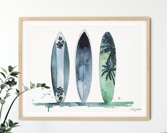 Surfboard Print, Beach Surf Wall Art, Watercolor Painting, Surfer Poster, Beach Decor, Ocean Wall Art, Kids Room Decor, Surfboard Decor