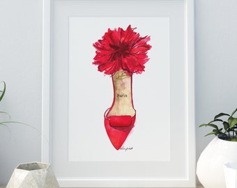 Red Louboutin High Heels Wall Art, Fashion Illustration, Watercolor Painting, Shoe Fashion Print, Fashion Home Decor, Louboutin Shoe Art