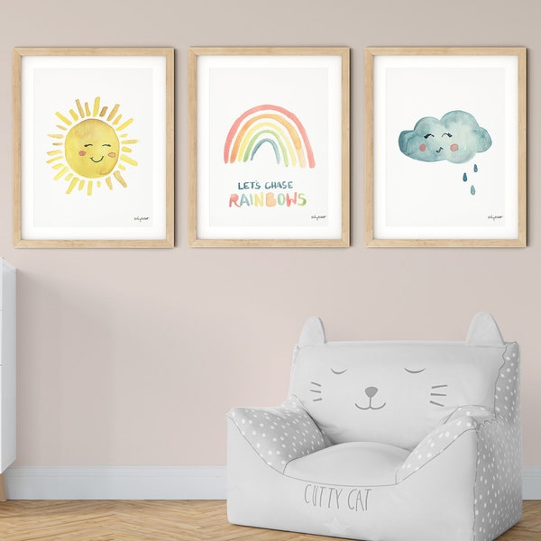 Set of 3 Sun Rainbow Cloud Prints, Rainbow Print, Girls Rainbow Wall Art, Kids Room Wall Decor, Nursery Watercolor, Let's Chase Rainbows