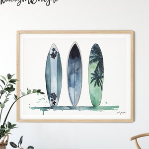 Surfboard Print, Beach Surf Wall Art, Watercolor Painting, Surfer Poster, Beach Decor, Ocean Wall Art, Kids Room Decor, Surfboard Decor
