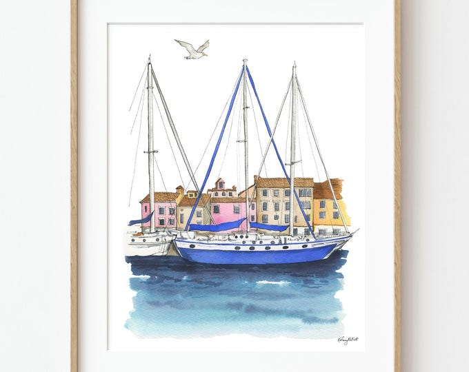 Marseille France Art Print, Marseille Harbor Watercolor, Sailboat Painting, French Riviera Wall Art, Coastal France Decor