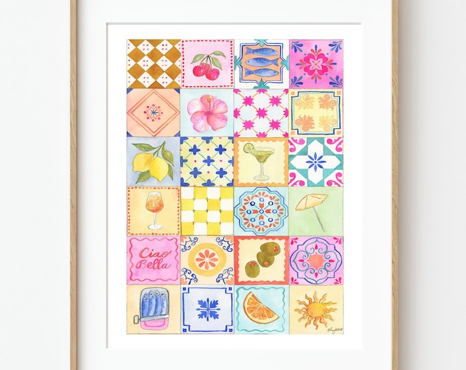 Colorful Amalfi Coast Tile Art Print, Mediterranean Tile Wall Art, Coastal Summer Decor, Watercolor Tile Pattern Art Print