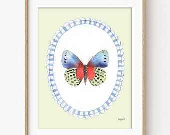 Moth Art Print with Blue Lace Border, Watercolor Butterfly Wall Art, Botanical Insect Art, Moth Nursery Decor, Mint Green Butterfly Art