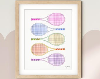 Colorful Tennis Rackets Art Print for Kids Room, Girls Tennis Wall Art, Playful Sports Nursery Decor, Watercolor Tennis Poster