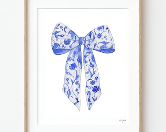 Blue Bow Wall Art, Chinoiserie Bow Watercolor Art, Coquette Decor, Blue Girls Room Decor, Preppy Girl Room, Grandmillenial Wall Art