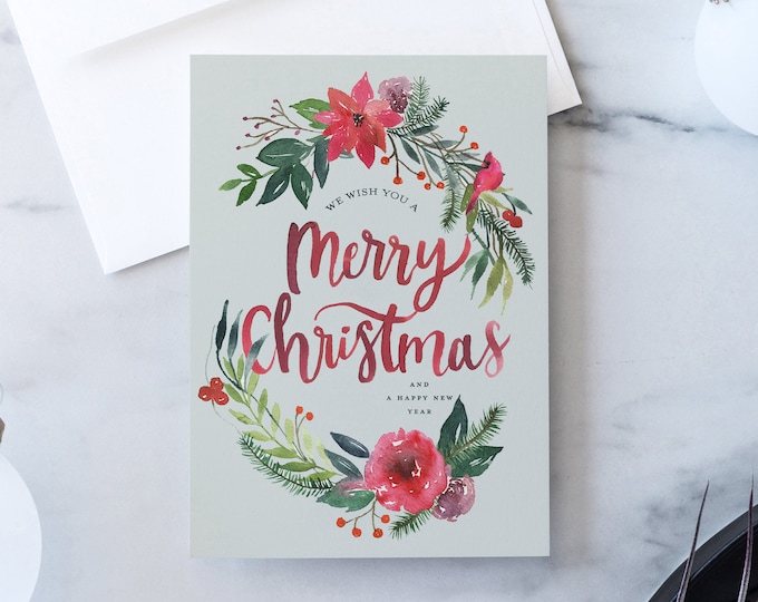 CHRISTMAS CARDS, Merry Christmas Greeting Card, Merry Christmas Stationery, Handmade Christmas Cards, Holiday Cards, Watercolor Pine Floral