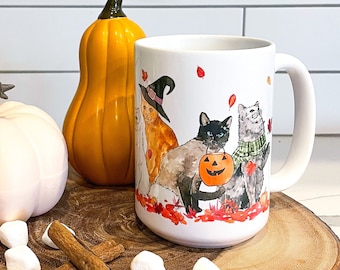 Halloween Cats Fall Mug, Fall Coffee Mug, Fall Decor, 15 oz Mug, Pumpkin Spice Latte, Coffee Mug, Fall Home, Cat Coffee Cup