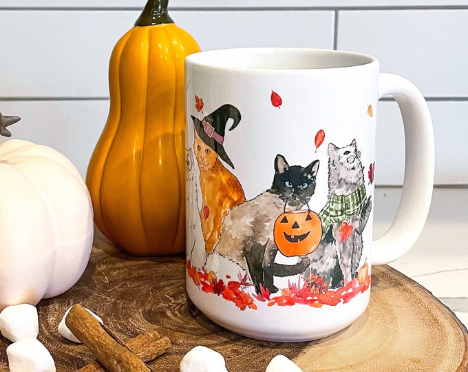 Halloween Cats Fall Mug, Fall Coffee Mug, Fall Decor, 15 oz Mug, Pumpkin Spice Latte, Coffee Mug, Fall Home, Cat Coffee Cup