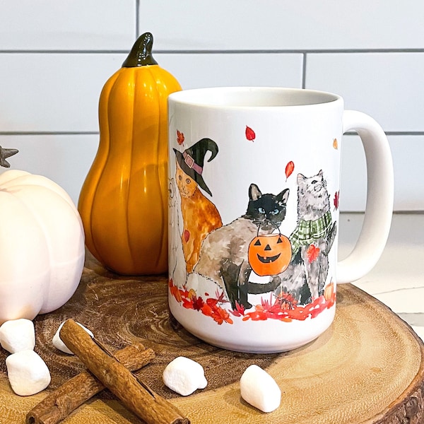 Halloween Cats Fall Mug, Fall Coffee Mug, Fall Decor, 15 oz Mug, Pumpkin Spice Latte, Coffee Mug, Fall Home, Cat Coffee Cup