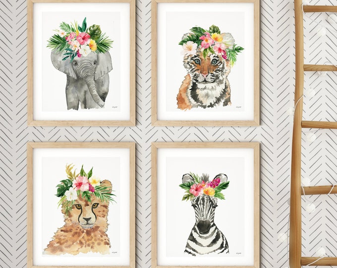 Set of 4 Tropical Safari Baby Animal Prints, Watercolor Nursery Art, Kids Room Prints, Safari Animals with Flower Crowns, Elephant, Zebra