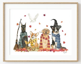 Halloween Dogs Wall Art, Halloween Wizard Dogs, Dog Costume, Fall Home Decor, Halloween Art Print, Halloween Witch Home Decor