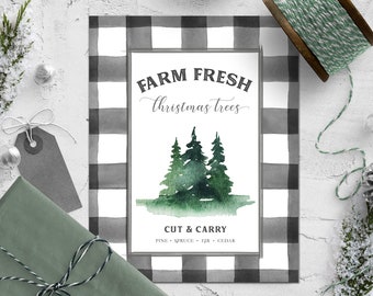 DIGITAL DOWNLOAD - Farm Fresh Christmas Trees Sign, Farmhouse Christmas Print, Buffalo Check Holiday Print, Plaid Rustic Christmas Tree