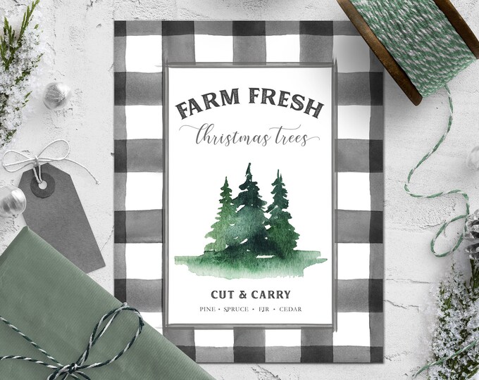 DIGITAL DOWNLOAD - Farm Fresh Christmas Trees Sign, Farmhouse Christmas Print, Buffalo Check Holiday Print, Plaid Rustic Christmas Tree