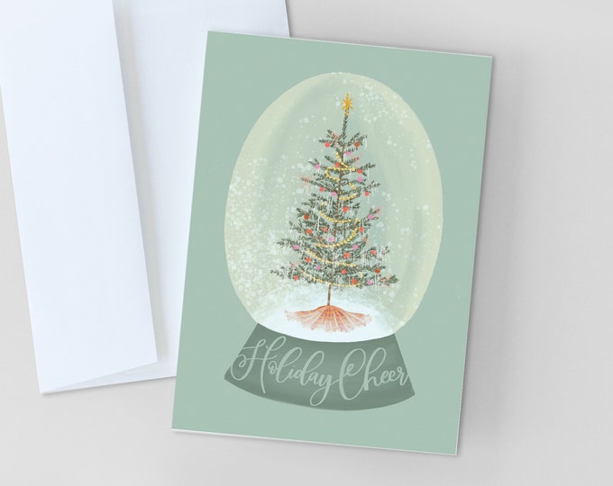 CHRISTMAS CARDS, Holiday Cheer Greeting Card, Merry Christmas Stationery, Vintage Christmas Tree Card, Watercolor Snow Globe Card
