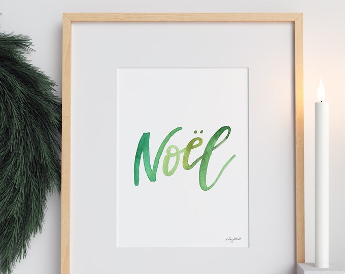 Green Noel Christmas Art, Holiday Decor, Colorful Christmas Art Print, Watercolor Painting, Noel Holiday Wall Art, Christmas Noel Sign