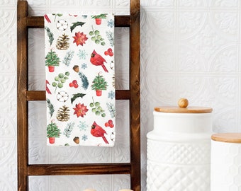 Holiday Tea Towel, Christmas Kitchen Decor, Christmas Dish Towel, Christmas Cardinal, Farmhouse Decor, Red and Green Christmas Towel