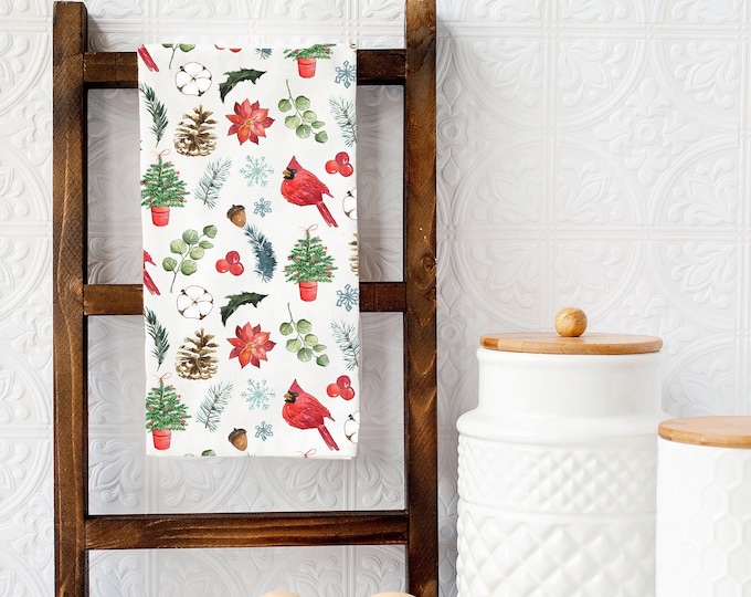 Holiday Tea Towel, Christmas Kitchen Decor, Christmas Dish Towel, Christmas Cardinal, Farmhouse Decor, Red and Green Christmas Towel