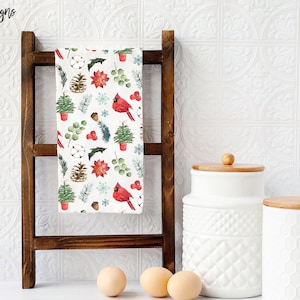 Holiday Tea Towel, Christmas Kitchen Decor, Christmas Dish Towel, Christmas Cardinal, Farmhouse Decor, Red and Green Christmas Towel