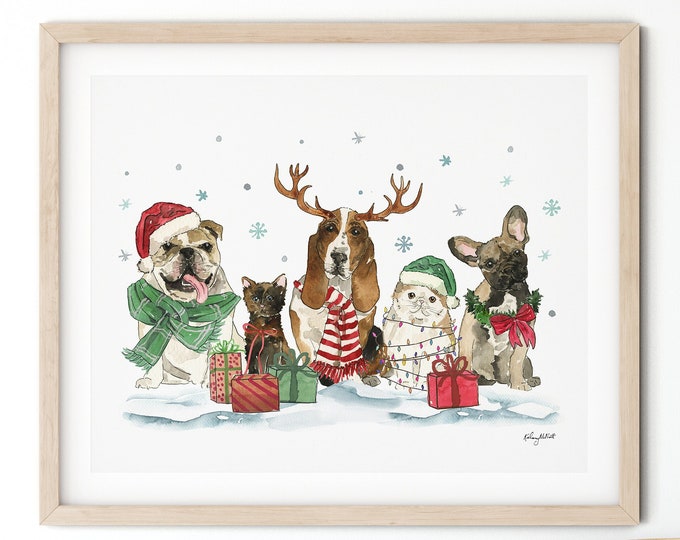 Holiday Pets Wall Art, Christmas Dog Decor, Watercolor Painting, Whimsical Christmas, Holiday Art Print, Christmas Cat Art Print, Dog Gift