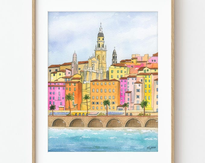 Menton France Art Print, French Riviera Watercolor, Colorful Coastal Town Painting, France Travel Art, European Wall Decor