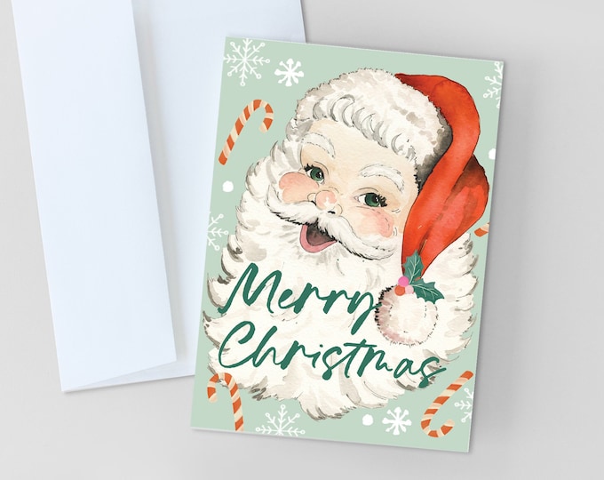 CHRISTMAS CARDS, Vintage Santa Christmas Greeting Card, Merry Christmas Stationery, Handmade Christmas Cards, Watercolor Santa Holiday Cards