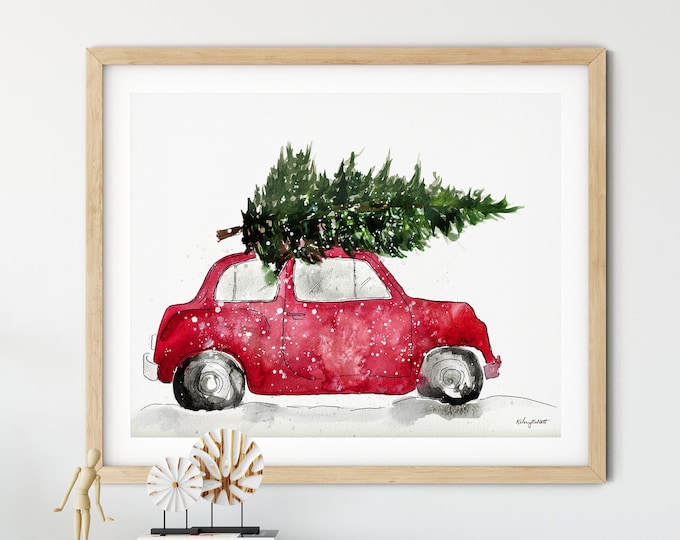 Red Christmas Car Art, Christmas Tree on Car, Watercolor Painting, Seasonal Home Decor, Holiday Wall Art, Christmas Wall Art, Holiday Art