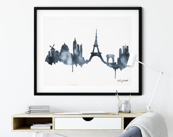 Paris France Skyline Print, Watercolor Painting, Eiffel Tower Print, Paris Wall Art, Paris Poster, Blue Eiffel Tower Art, Paris Cityscape