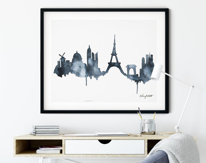 Paris France Skyline Print, Watercolor Painting, Eiffel Tower Print, Paris Wall Art, Paris Poster, Blue Eiffel Tower Art, Paris Cityscape
