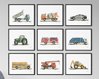 Set of 9 Construction Vehicle Prints, Kids Gallery Wall Set, Truck Wall Art, Transportation Print Nursery, Watercolor Painting, Truck Prints