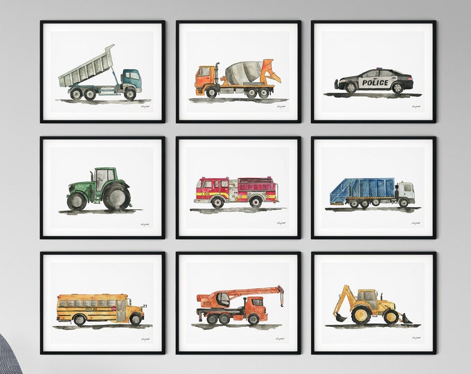 Set of 9 Construction Vehicle Prints, Kids Gallery Wall Set, Truck Wall Art, Transportation Print Nursery, Watercolor Painting, Truck Prints