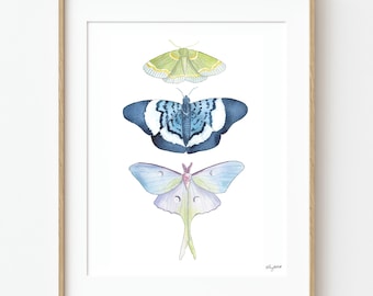 Blue Moth Wall Art, Watercolor Luna Moth Art Print, Butterfly Wall Art, Entomology Art, Boho Moth Wall Art, Cottagecore Moth Art