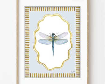 Dragonfly Art Print, Entomology Floral Wall Art, Watercolor Dragonfly Art Print, Cottagecore Decor, Vintage Dragonfly Art