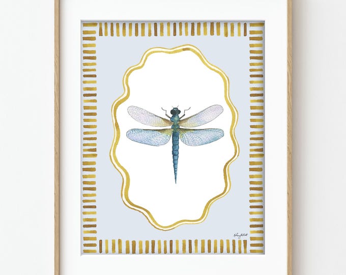 Dragonfly Art Print, Entomology Floral Wall Art, Watercolor Dragonfly Art Print, Cottagecore Decor, Vintage Dragonfly Art