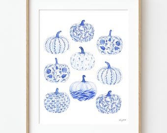 Blue Toile Pumpkins Art Print, Chinoiserie Fall Wall Art, Watercolor Pumpkins, Elegant Autumn Decor, French Country Fall Art, Fall Wall Art