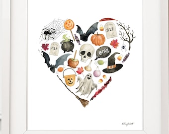 Hallween Lovers Wall Art, aquarel schilderij, Halloween Art Print, herfst kunst aan de muur, Halloween decor, pompoenen kunst, decor spoken, vleermuizen kunst