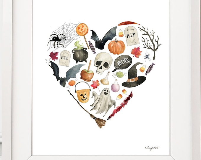 Hallween Lovers Wall Art, Watercolor Painting, Halloween Art Print, Fall Wall Art, Halloween Decor, Pumpkins Art, Ghosts Decor, Bats Art