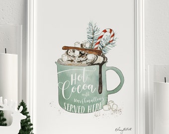 Hot Cocoa Wall Art, Christmas Watercolor Painting, Holiday Art Print, Coffee Decor, Holiday Kitchen Decor, Hot Chocolate Bar Sign