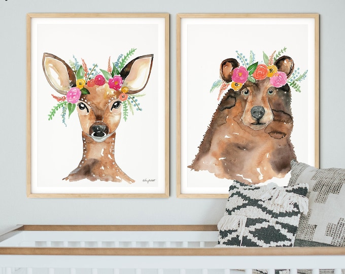 Set of 2 Animal Flower Crown Prints, Nursery Animal Prints, Baby Animals Deer Bear, Boho Nursery Art, Nursery Decor Watercolor Painting Deer