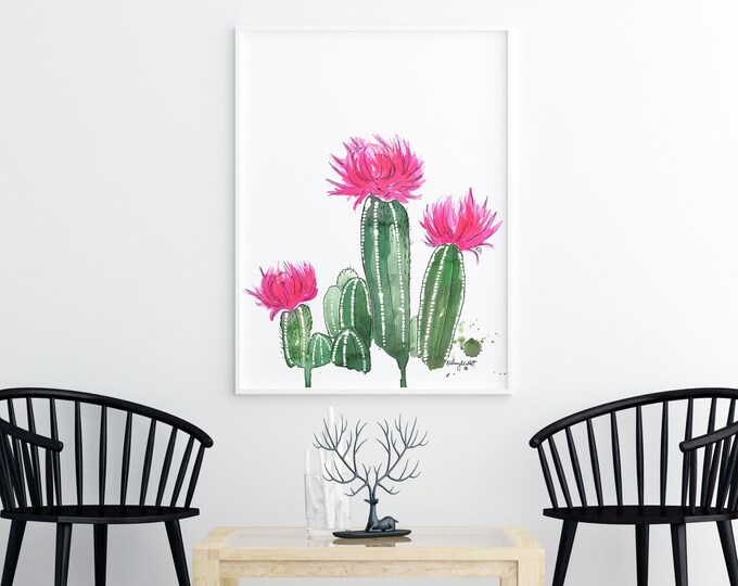 Cactus Watercolor Painting, botanical wall artwork, succulent Poster, Green Botanical Dessert Plants Green Illustration, Living Room Decor