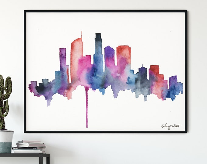 LA Skyline Wall Art, Los Angeles Cityscape, California Art Print, LA poster, California Travel, Watercolor Abstract Skyline, Travel Gift