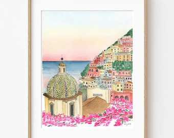 Positano Italy Wall Art, Italian Coast Watercolor Painting, Italy Home Decor, Travel Art Print, Amalfi Coast Painting