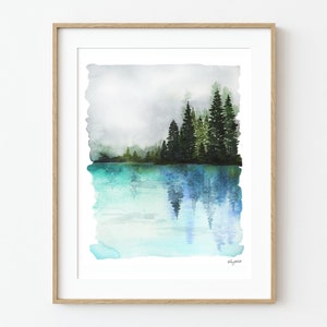 Evergreen Forest Wall Art, Watercolor painting, Forest Art Print, Nature Art Print, Landscape Art, Pine Tree, Reflecting Lake Art
