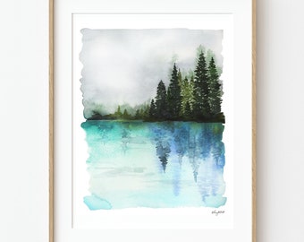 Evergreen Forest Wall Art, Watercolor painting, Forest Art Print, Nature Art Print, Landscape Art, Pine Tree, Reflecting Lake Art