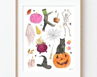 Halloween Tricks and Treats Wall Art, Watercolor Spooky Icons with Ghosts, Black Cats, Pumpkins & Witches, Whimsical Halloween Wall Art