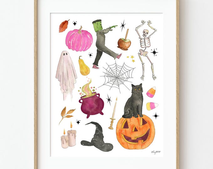 Halloween Tricks and Treats Wall Art, Watercolor Spooky Icons with Ghosts, Black Cats, Pumpkins & Witches, Whimsical Halloween Wall Art