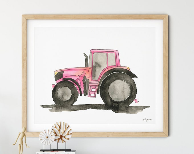 Pink Tractor Wall Decor, Tractor Print, Transportation Art, Girls Room Wall Art, Watercolor Painting, Tractor Nursery, Toddler Room Decor